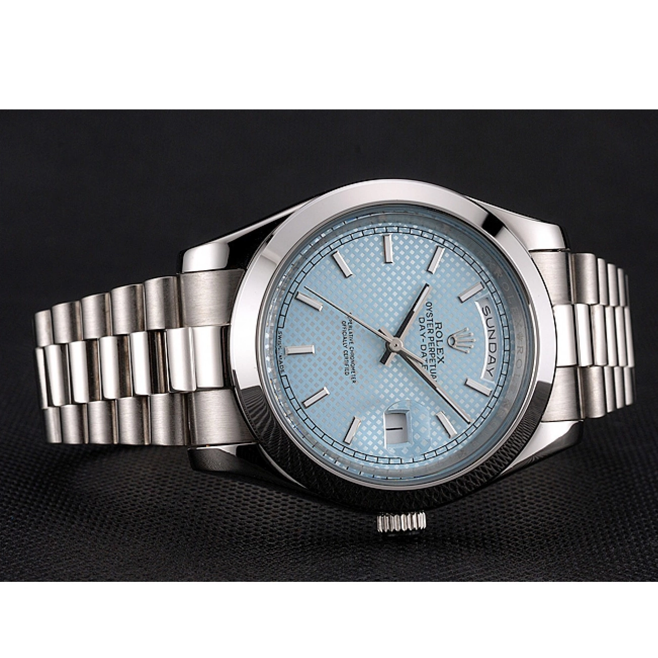 Aaa replica watch Ice Stainless Rolex Case And Steel Day Dial Date Bracelet 40 Blue 0701